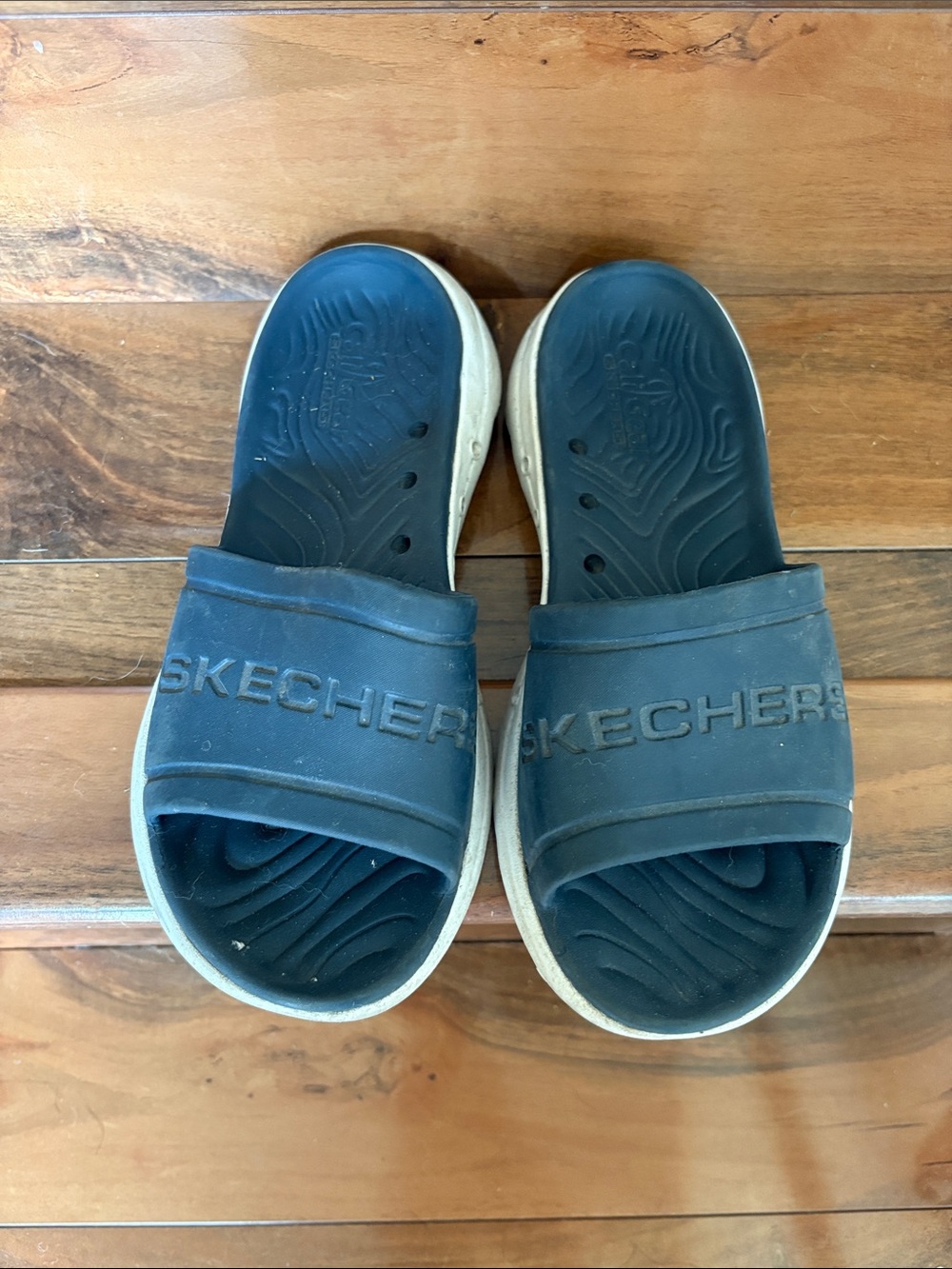 Skechers Dark Blue Slide Sandals with Cream Soles